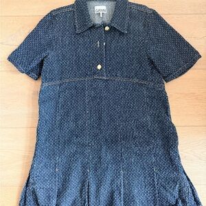 Ganni Navy Textured Short Sleeve Dress